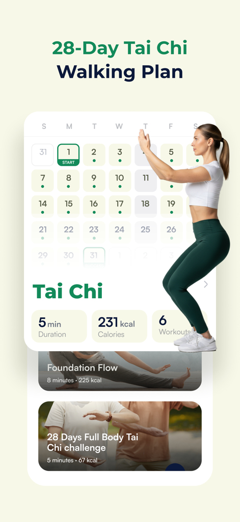 ZenFit app interface displaying a 28 day Tai Chi walking plan calendar and workout statistics