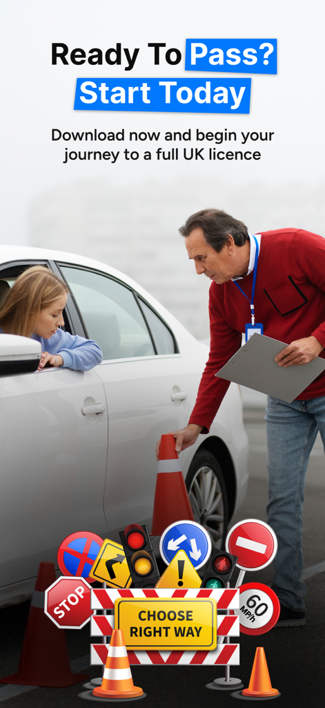 Theory Test Hero UK 2026 - Driving instructor and student driver with UK road signs for theory test preparation