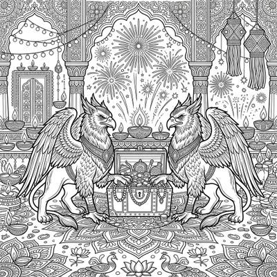 Immerse yourself in a magical Diwali celebration with this stunning coloring page featuring two magnificent golden griffins. Discover a scene rich with ancient myths, glittering treasures, and the vibrant spirit of the festival of lights.