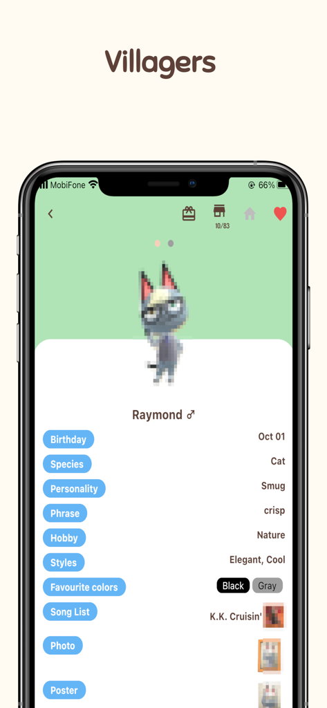 Ani Guide for Animal Crossing - A detailed profile page for the villager Raymond in the Ani Guide app showing character information like birthday and personality