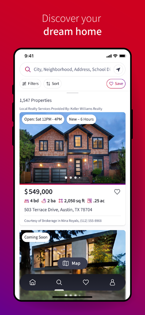 KW Real Estate - KW Real Estate mobile app interface showing a home listing for sale in Austin Texas with price and property details