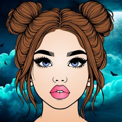 realistic girl with two buns on her hair and lips