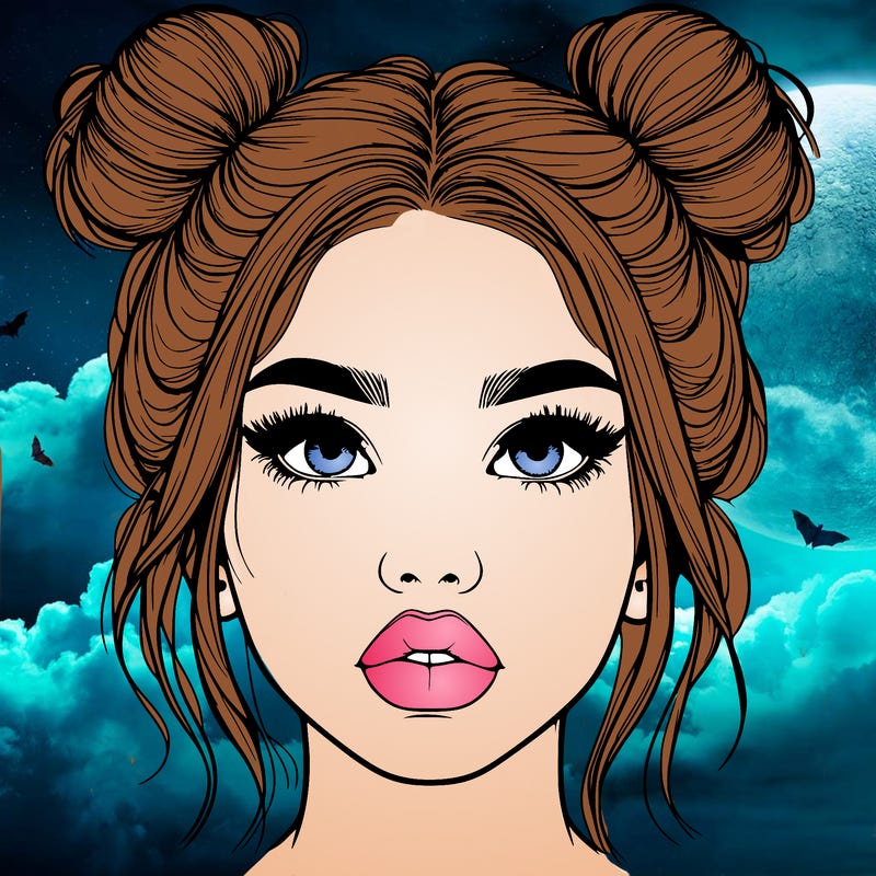 realistic girl with two buns on her hair and lips