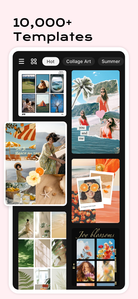 Interfaccia che mostra una varietà di modelli e layout creativi per collage fotografici nell'app InCollage