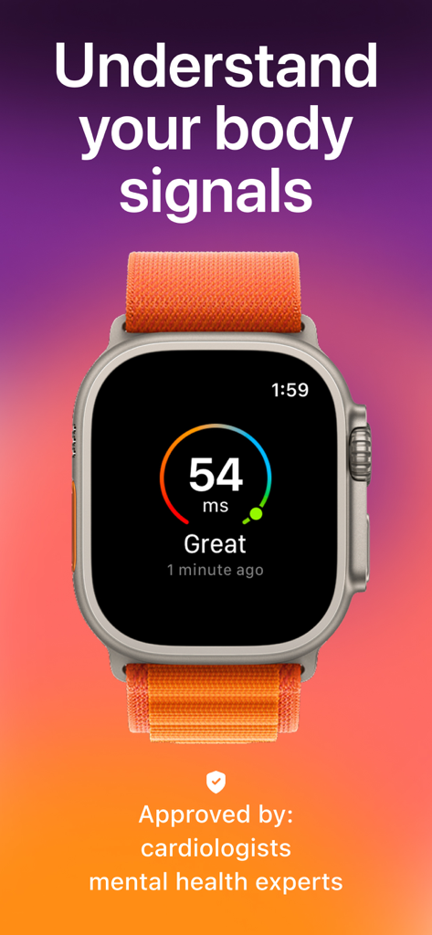 Aplicación Stress Monitor en Apple Watch mostrando una puntuación de variabilidad de la frecuencia cardíaca de 54 ms con aprobación cardiológica.