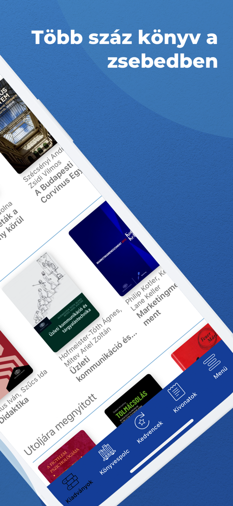 MeRSZ Mobile App-Oberfläche, die ein Raster von akademischen Buchcovern aus Ungarn und ein Navigationsmenü anzeigt.