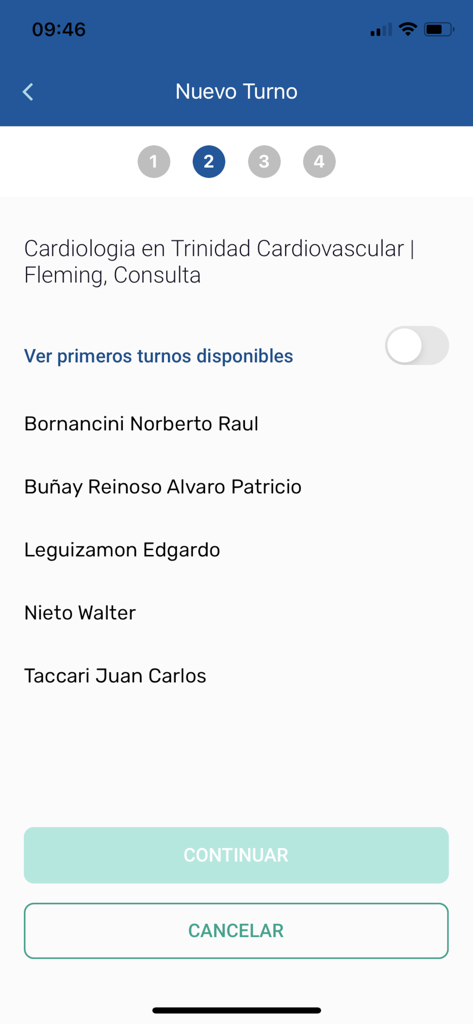 Sanatorios de la Trinidad - Pantalla de la app móvil que muestra una lista de cardiólogos para reservar un nuevo turno en Trinidad Cardiovascular Fleming