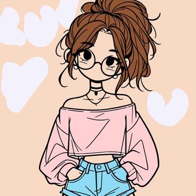 girl with a messy ponytail glasses a baggy crop top and jean shorts