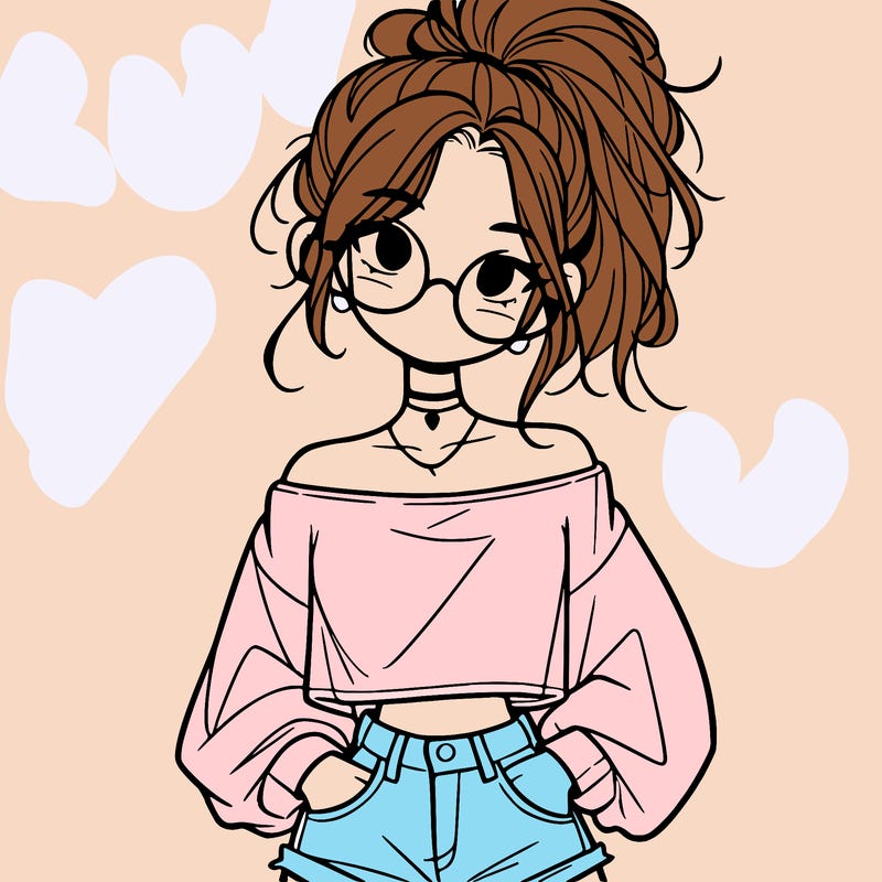 girl with a messy ponytail glasses a baggy crop top and jean shorts