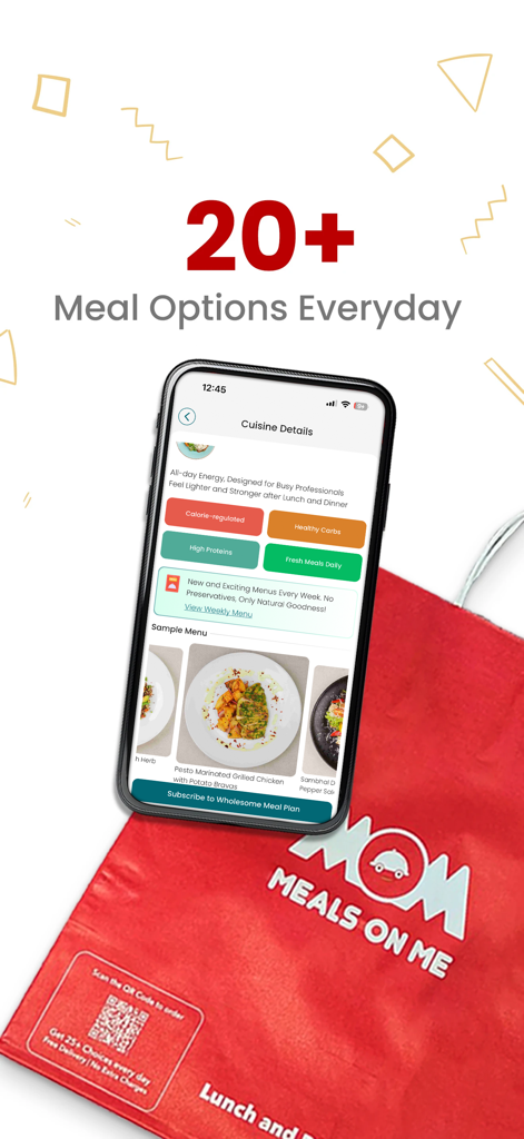 Meals On Me - Tela do aplicativo Meals On Me mostrando opções de refeições saudáveis ao lado de uma bolsa de entrega vermelha