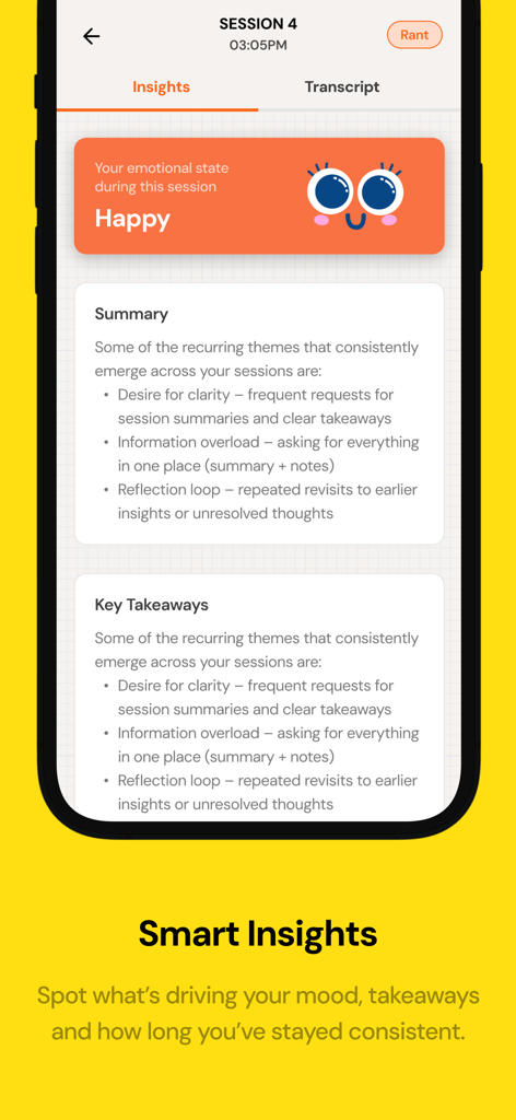 Rocket Journal app interface displaying AI-generated session summary and mood analysis