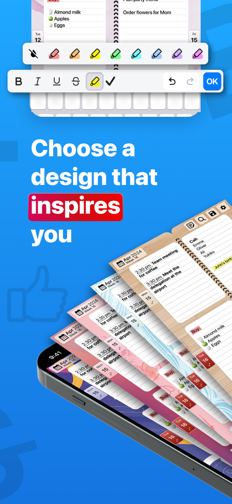 Various colorful themes and design options for the weekly planner mobile application