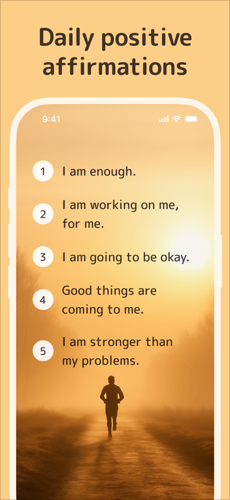 Vision Board Perfectly Happy - 夕日の風景の上に5つの毎日のポジティブなアファメーションが表示されているモバイル画面。ランナーがいます。