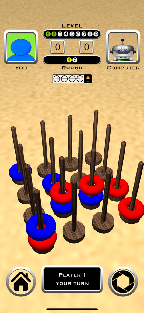 Tic Tac Toe 3D Board Game - Ein 3D-Tic-Tac-Toe-Spielbrett mit blauen und roten Ringen auf vertikalen Pflöcken im Schwerkraftmodus