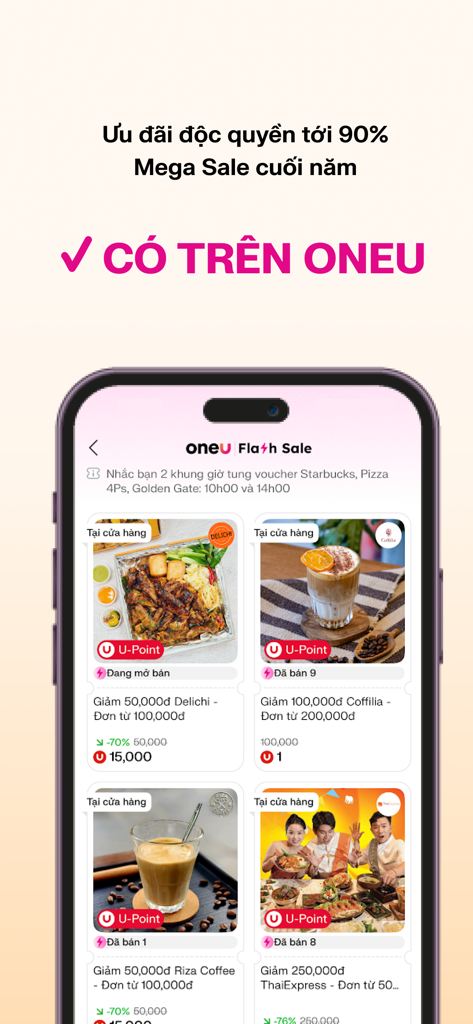 OneU: Thanh toán & nhận ưu đãi - Interface de l'application mobile OneU montrant divers bons de réduction pour la nourriture et les boissons lors d'un événement de vente flash.