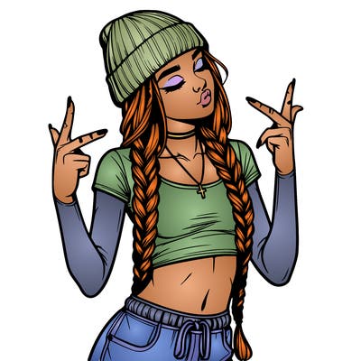realistic teenage girl with braids and a beanie and crop top doing 🫶🏼