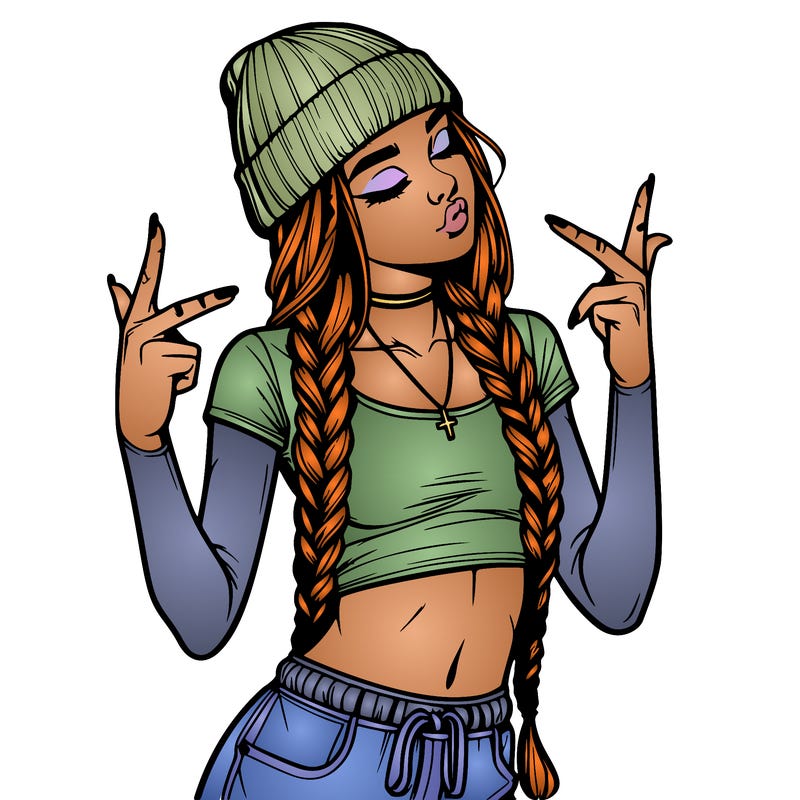 realistic teenage girl with braids and a beanie and crop top doing 🫶🏼
