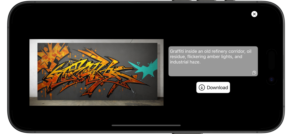 AI-powered graffiti generator interface showing a text prompt and resulting urban mural