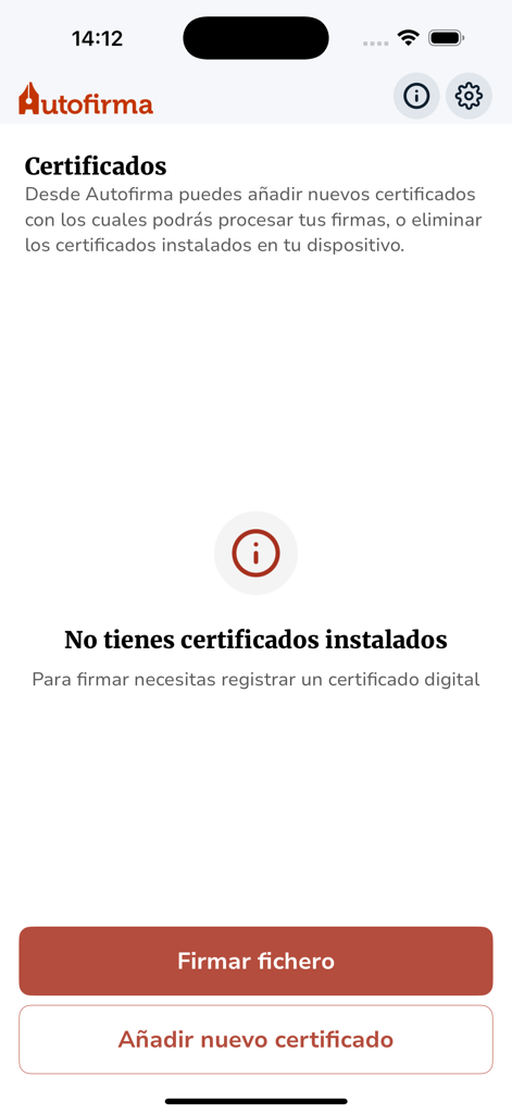 Autofirma App - Interfaz de la app Autofirma que muestra la sección de certificados sin certificados instalados y botones para firmar un archivo o añadir un nuevo certificado