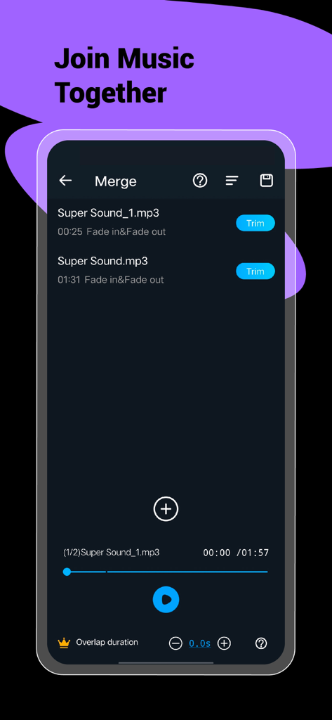 Mobile app interface for merging and trimming MP3 audio files in Super Sound music editor