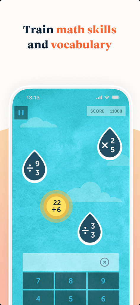 Lumosity app interface showing a math training game with arithmetic raindrops
