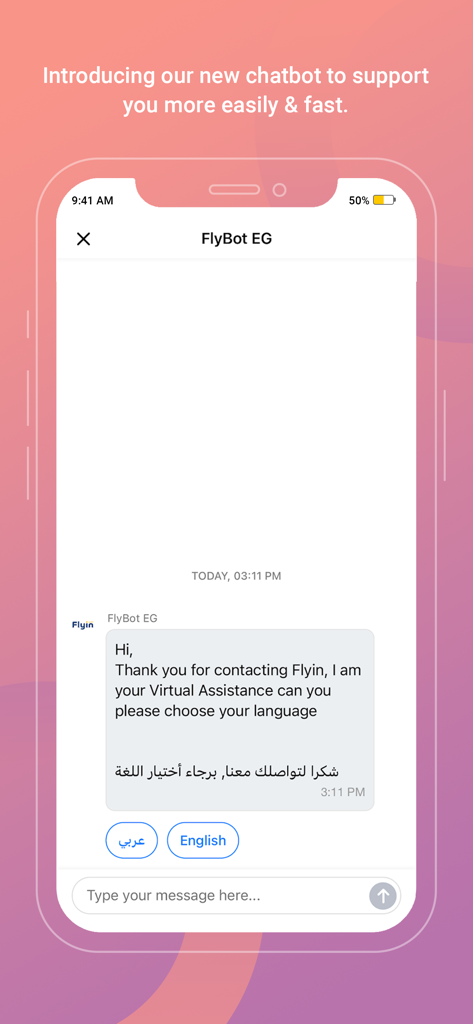 Flyin app chatbot offering support in English and Arabic