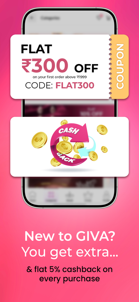 GIVA jewelry app promotional screen showing a first order discount coupon and 5 percent cashback offer
