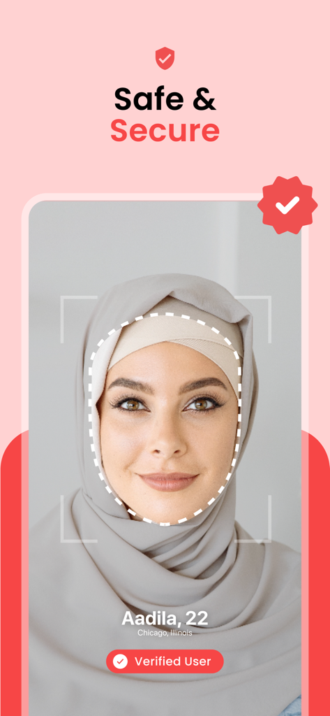 App screen showing face verification and a verified user badge for the Joon Muslim marriage platform.