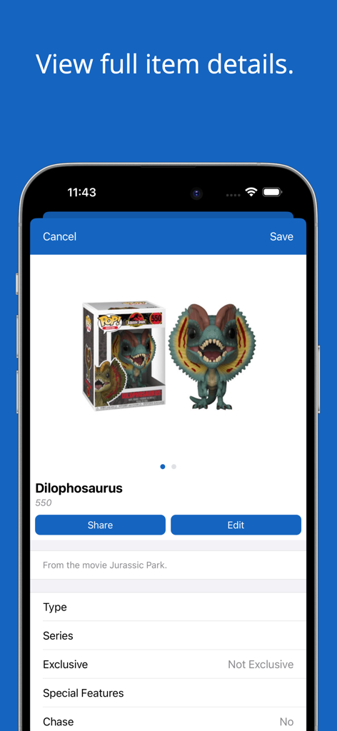 iCollect Vinyl Figures: Funko - Una pantalla móvil que muestra información detallada de una figura Funko Pop de Dilophosaurus, incluyendo nombre y estado de coleccionable.