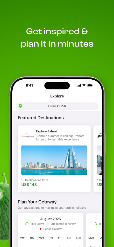 Wego Flights & Hotels Booking - Tela Explorar do aplicativo Wego com destinos em destaque e calendário de planejamento de escapadas