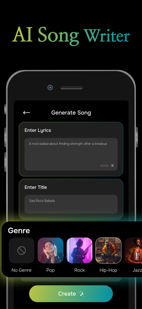 AI Lyrics & Song Generator - Pantalla de la aplicación Escritor de Canciones con IA para ingresar letras y seleccionar géneros musicales como Pop y Rock