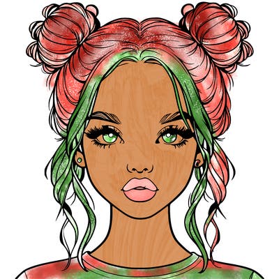 realistic girl with two buns in hair and lips