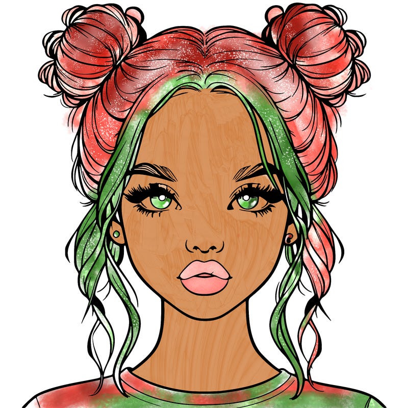 realistic girl with two buns in hair and lips