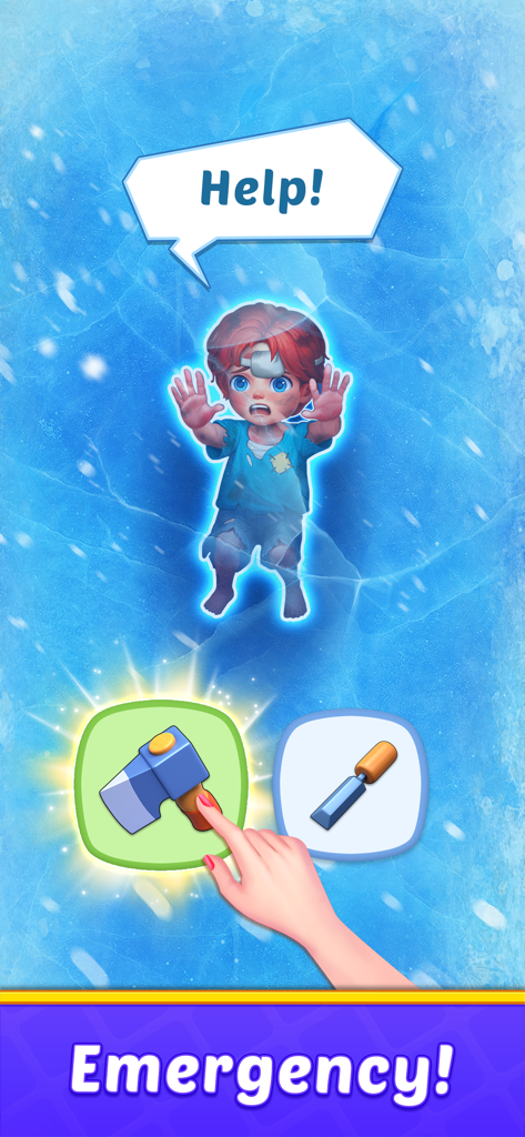 Home Match - Garden & Design - Un puzle de rescate en Home Match que muestra a un personaje atrapado en hielo con una selección de herramientas para ayudarle