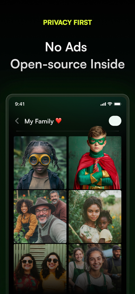 Encamera Encrypted Photo Vault - Interfaz de la aplicación Encamera que muestra un álbum de fotos familiar privado con texto resaltando privacidad sin anuncios y características de código abierto