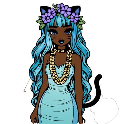 realistic hawaiian girl with haku lei,lips,long dress,cat ears and tail