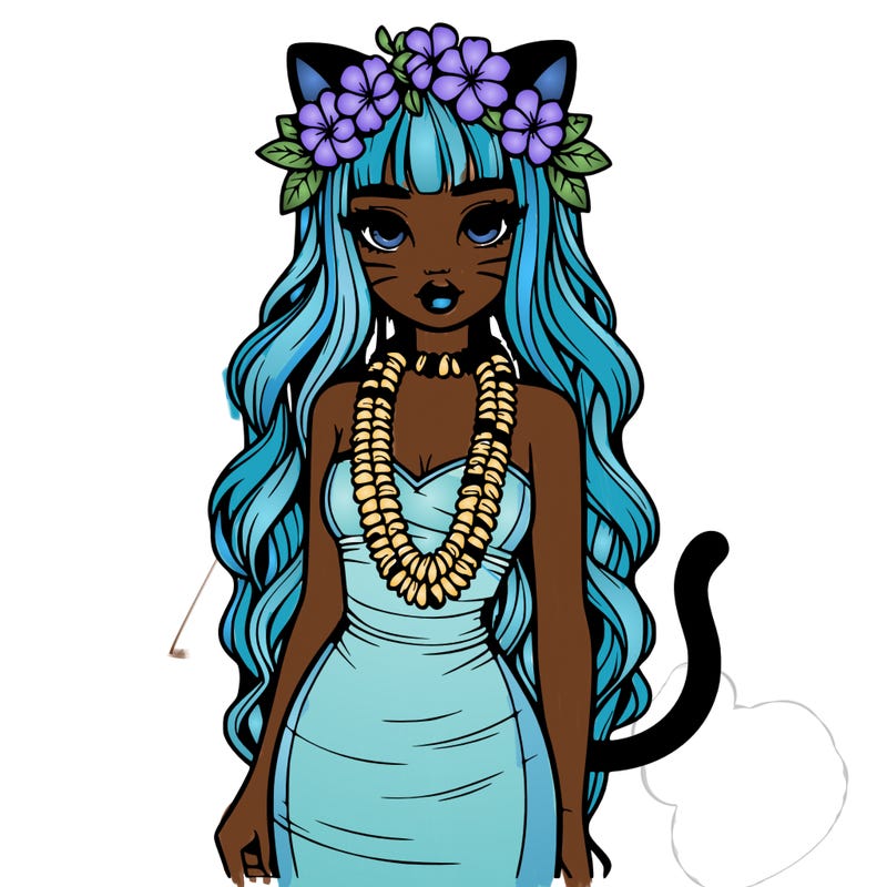 realistic hawaiian girl with haku lei,lips,long dress,cat ears and tail