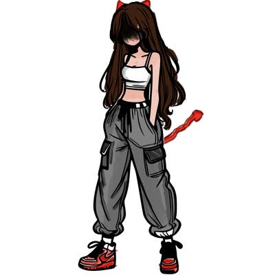 girl in baggy pants crop top and long hair