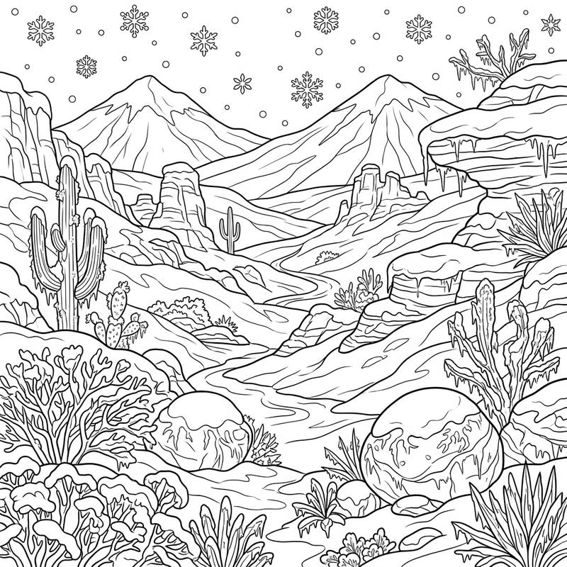 Discover the surprising beauty of winter in the desert with this unique coloring page. Explore arid valleys transformed by snow, featuring frosted cacti, icy rock formations, and falling snowflakes.