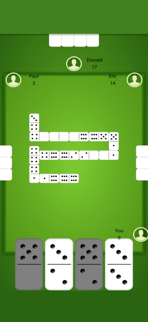 Uma partida clássica de dominó com quatro jogadores em andamento em um tabuleiro digital verde