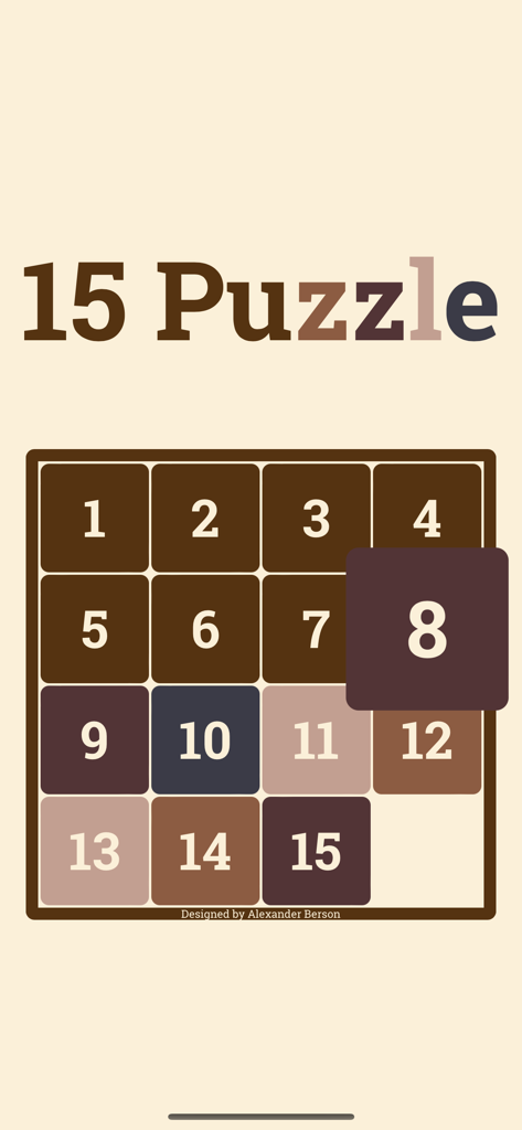 15 Puzzle - Una cuadrícula minimalista de 4x4 de bloques numerados en una interfaz clásica del juego de deslizamiento 15 Puzzle