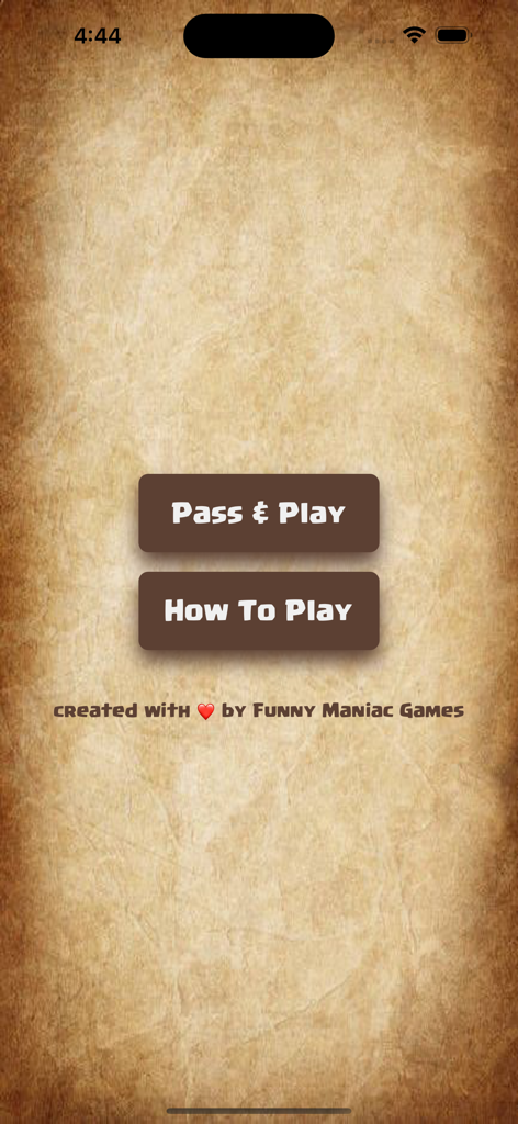 Love Messenger - Love Messenger game main menu screen with Pass and Play and How To Play buttons on a parchment background