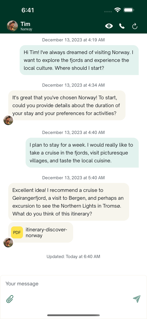 Mobile app interface showing a conversation with a local travel agent to create a custom itinerary