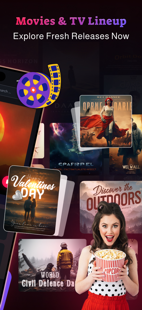 Screenshot of MovieBox app showing movies and TV shows lineup with an excited woman holding popcorn