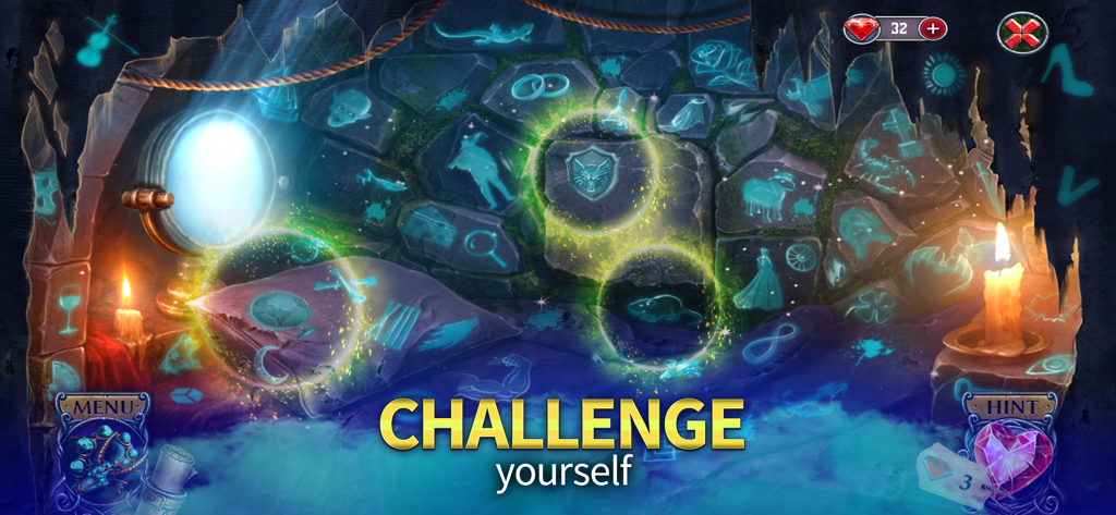 Kiss of the Night: F2P Mystery - Una escena de puzzle de objetos ocultos con símbolos místicos brillantes en una pared de piedra en un juego de misterio de vampiros góticos.