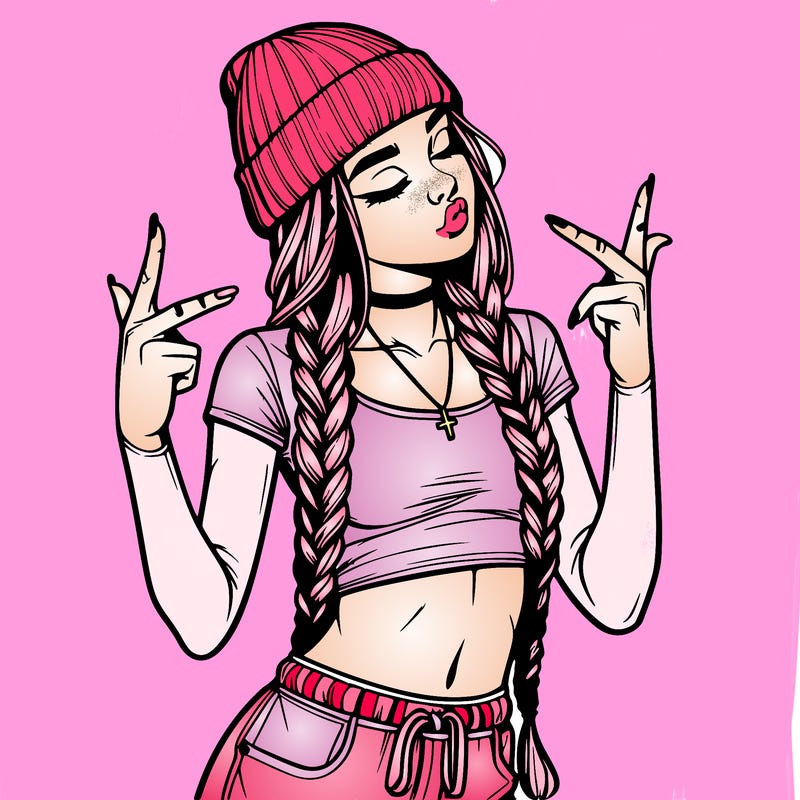 realistic teenage girl with braids and a beanie and crop top doing 🫶🏼