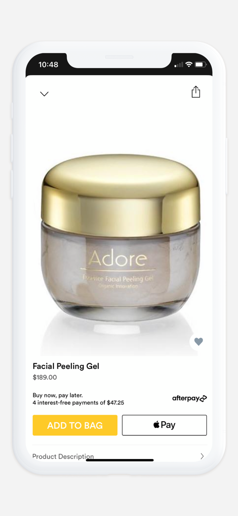 Adore Cosmetics - Bildschirm der mobilen App, der die Produktseite des Adore Cosmetics Facial Peeling Gel mit Schaltflächen zum Hinzufügen zum Warenkorb und Apple Pay zeigt.