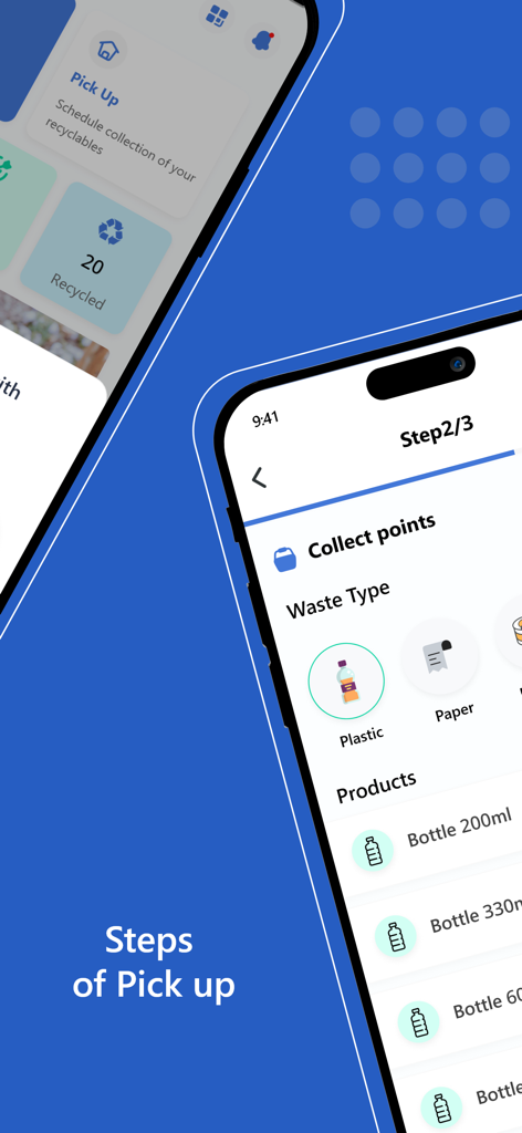 Interfaz de la aplicación Olar que muestra los pasos para programar una recogida de reciclaje y seleccionar tipos de residuos como plástico y papel.