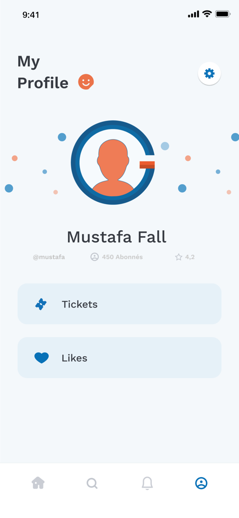 Gnudem - User profile page in the Gnudem app displaying the name Mustafa Fall and sections for tickets and likes