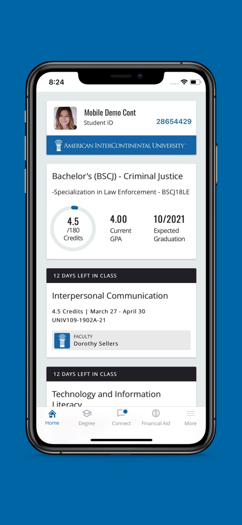 Tela inicial do aplicativo AIU Student Mobile mostrando o progresso do diploma e os cursos atuais